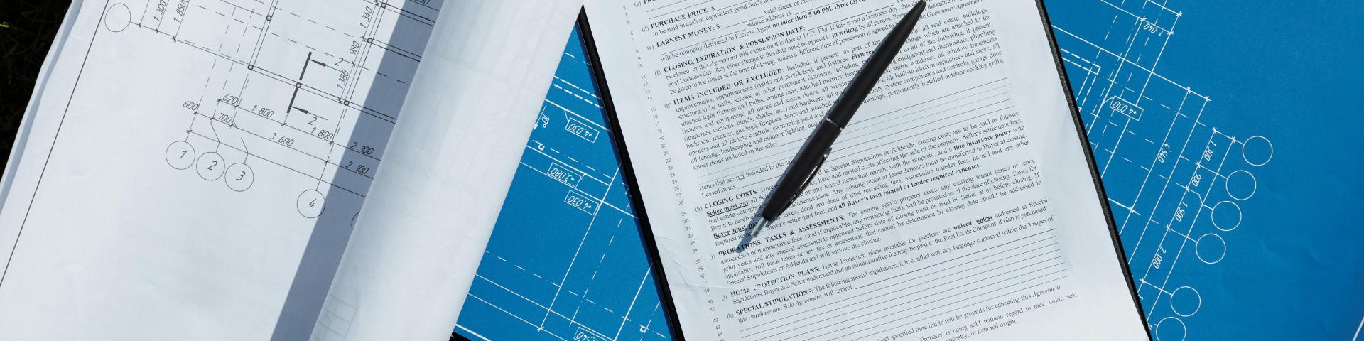 blueprint with a contract on a clip board