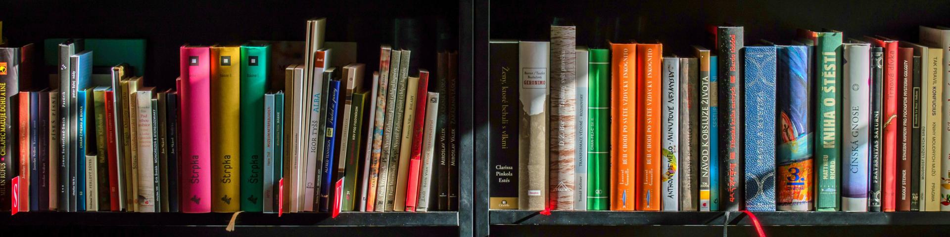 books on shelves in a library with colour spines showing