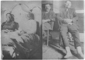 Sepia photo of two women and two men sitting indoors.
