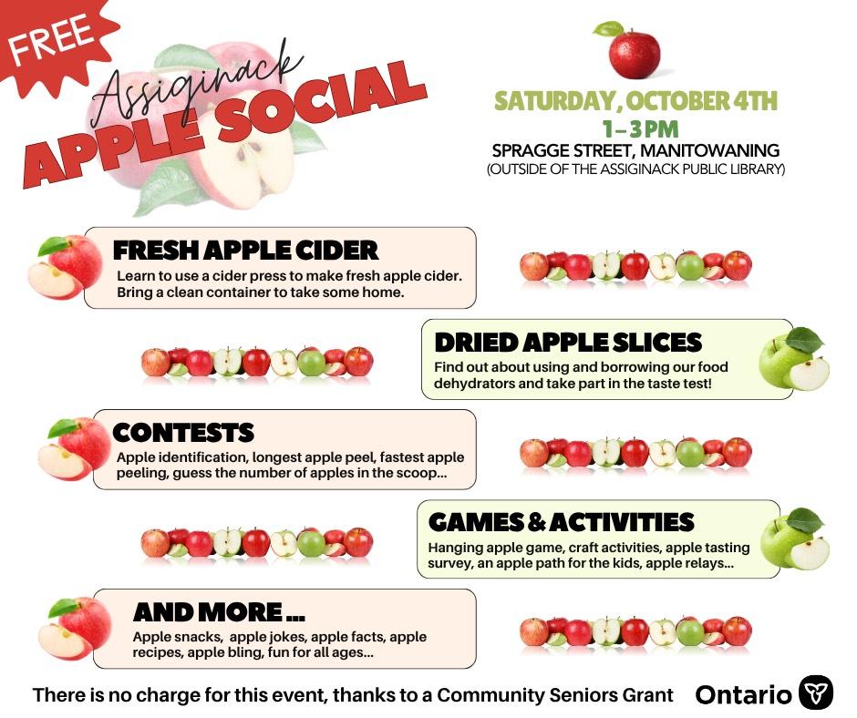 poster with green and red apples and information about the event. pple cider, making, dried apple process, contests, games and activities, and apple snaks., 